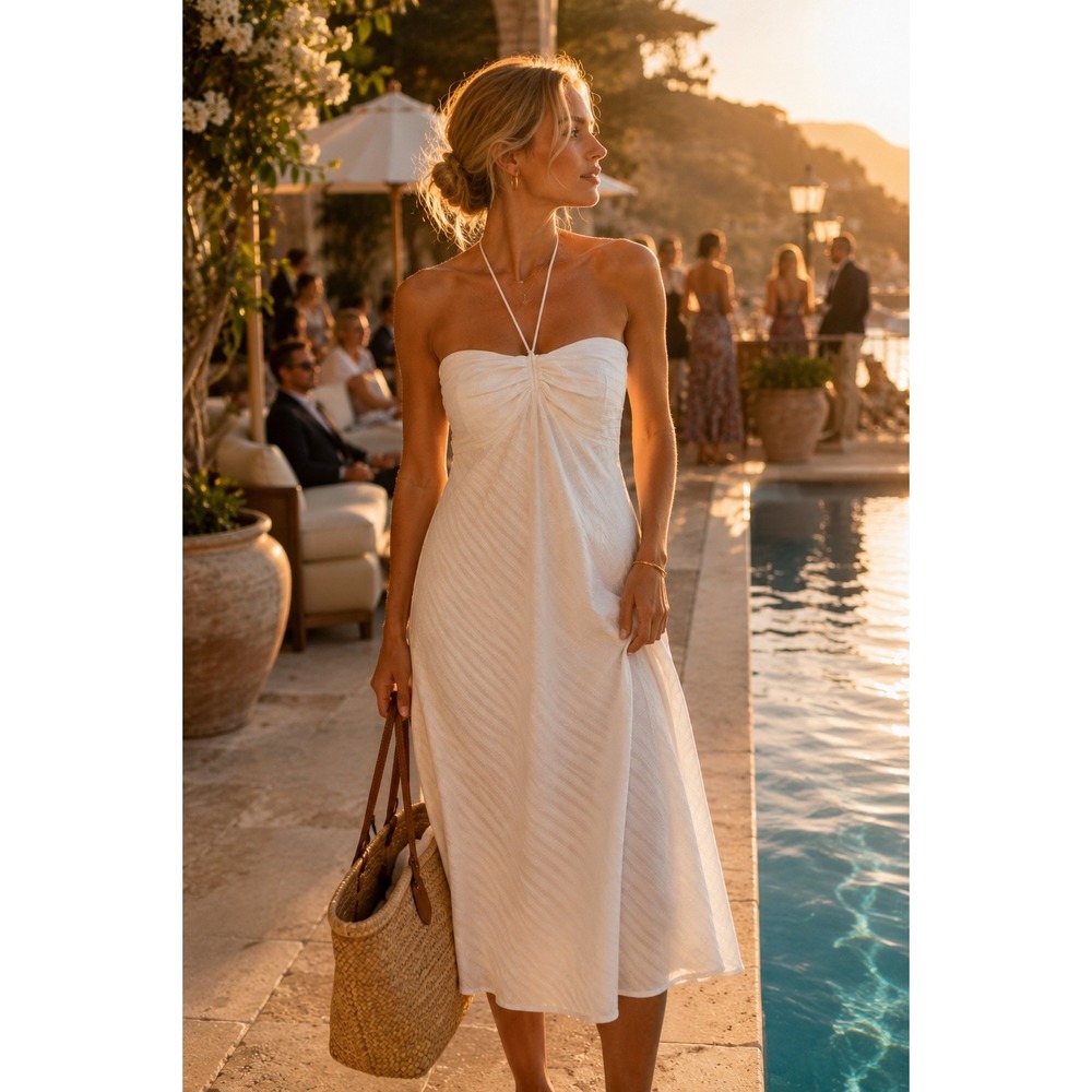 LOFT White Cotton Halter Midi Dress Size 8 Y2K Strapless Smocked Back Summer